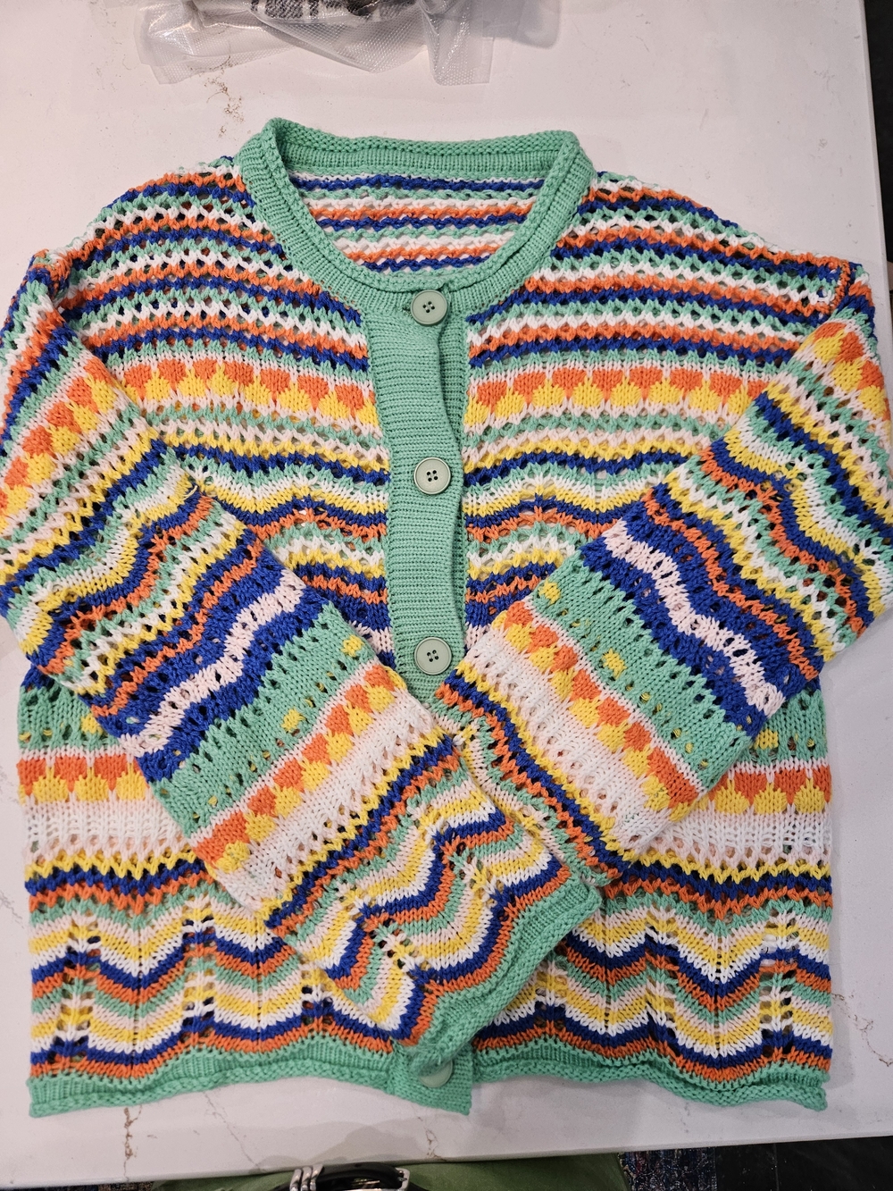 Multicolor Open-Knit Cardigan with Green Trim - Picture 2 of 5